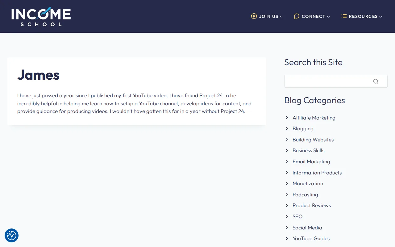 Screenshot of the Income School website
