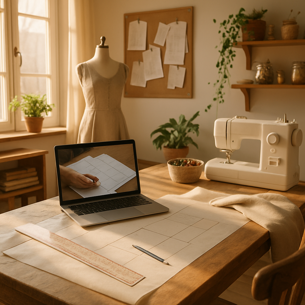 A cozy home sewing studio with a laptop open to a pattern drafting video, ruler and tracing paper spread on a wooden table, sunlight streaming in. Alt: pattern drafting classes online tutorial setup