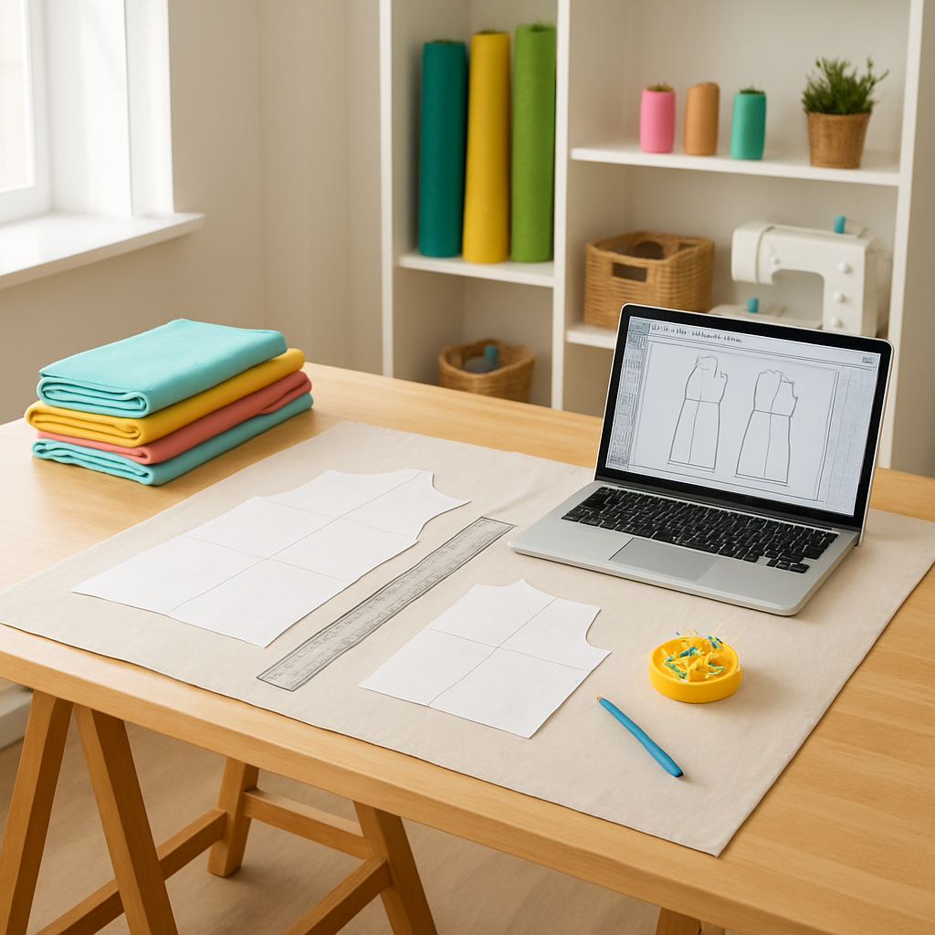 A bright, organized sewing workspace with a drafting table, ruler, fabric, laptop showing pattern software. Alt: pattern drafting workspace setup.