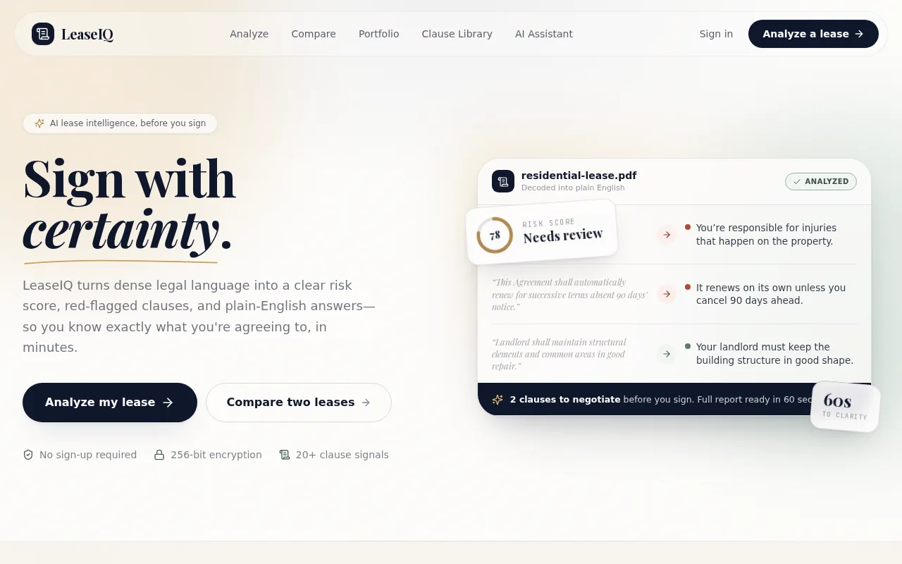 LeaseIQ: visual reference for 2. LeaseIQ — Fast plain-English lease risk scoring