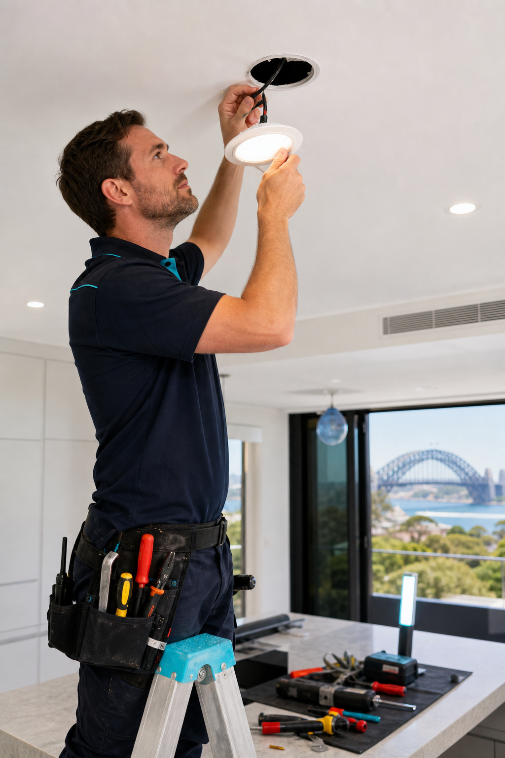 A photorealistic image of a professional electrician in a well-lit modern home, installing an LED downlight in a ceiling. The scene shows a tidy workspace with tools and a ladder, emphasizing safety and precision. Alt: Professional electrician installing an LED downlight in a home.