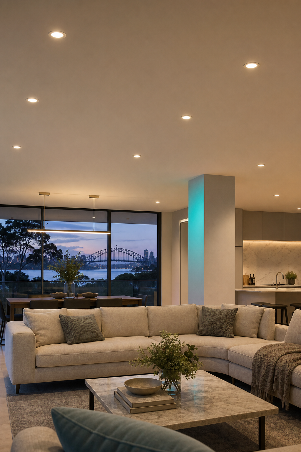 A photorealistic image of a ceiling with multiple recessed can downlights installed, showing trim styles and a warm glow. The room is a modern living area with soft lighting. Alt: Recessed can downlights installed in a ceiling, providing ambient lighting.