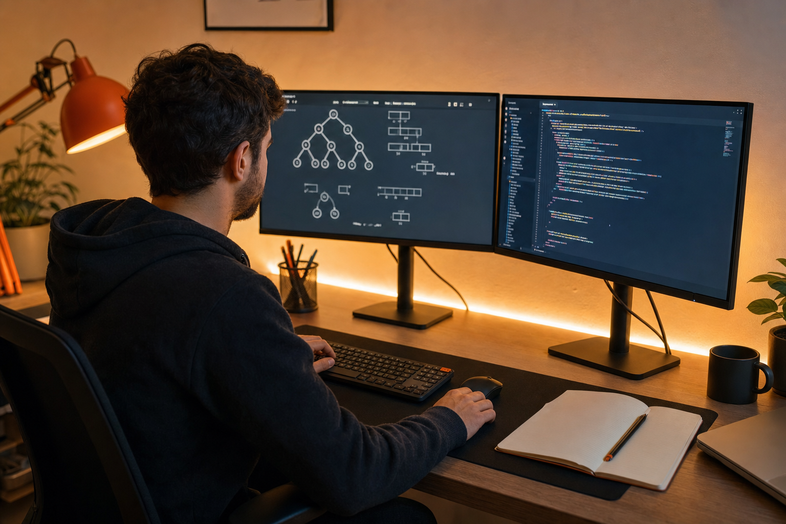 A software engineer sitting at a desk with two monitors showing algorithm diagrams and code, warm ambient lighting, realistic photographic style with an orange accent on the desk lamp. Alt: software engineer studying LeetCode Blind 75 problems on dual monitors.