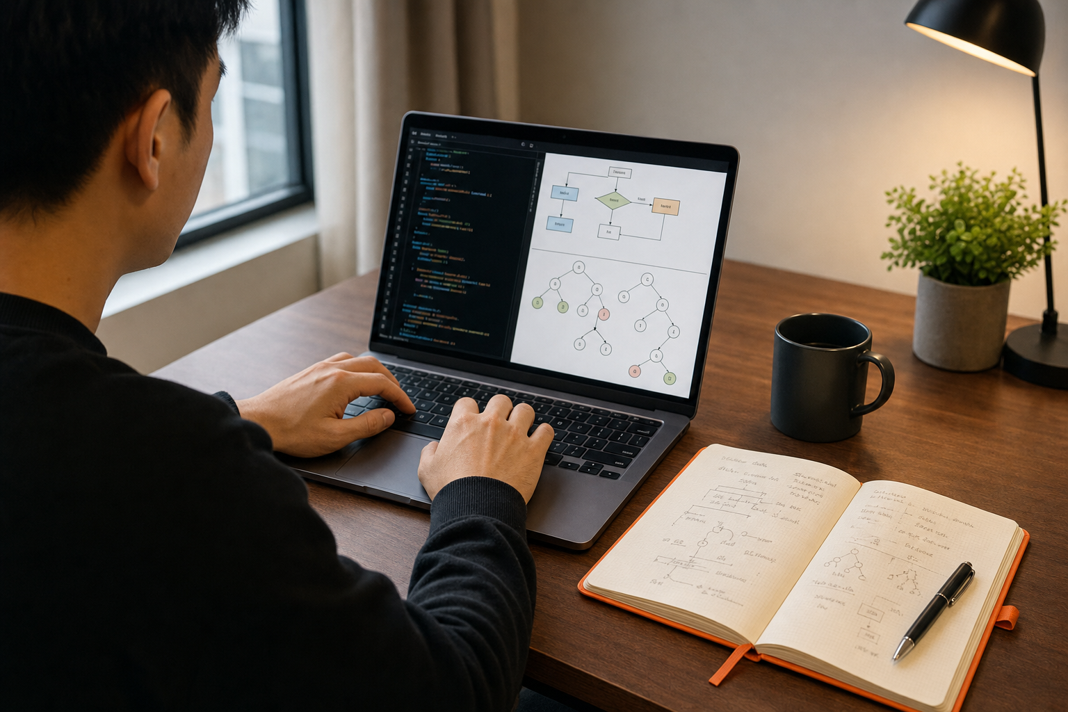 A develo on a laptop screen showing algorithm flowcharts, sitting at a clean desk with a notebook open beside them, warm realistic lighting, orange accent in the notebook cover. Alt: develo Blind 75 algorithm problems.