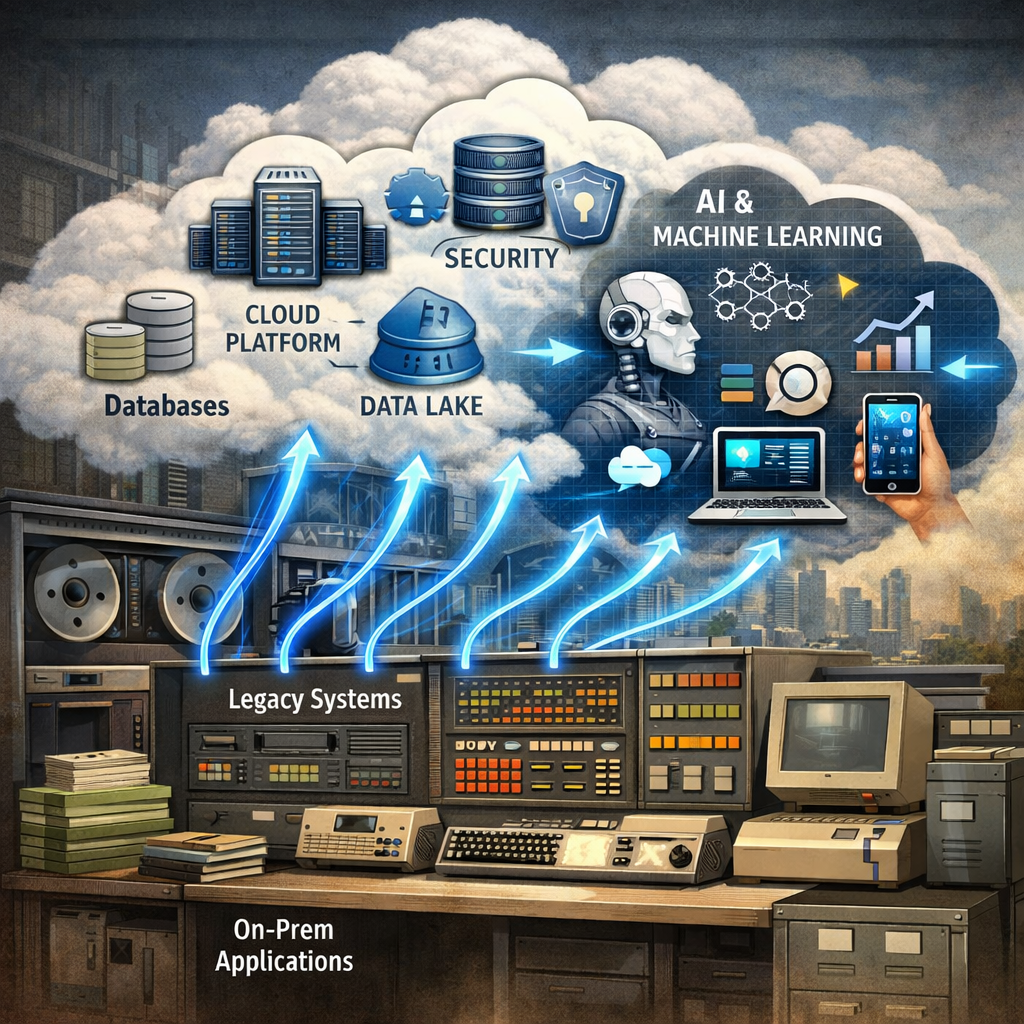 A realistic illustration of a cloud‑based architecture overlaying an old mainframe, showing data flowing from legacy systems to modern AI‑enabled services. Alt: legacy application modernization cloud transformation diagram