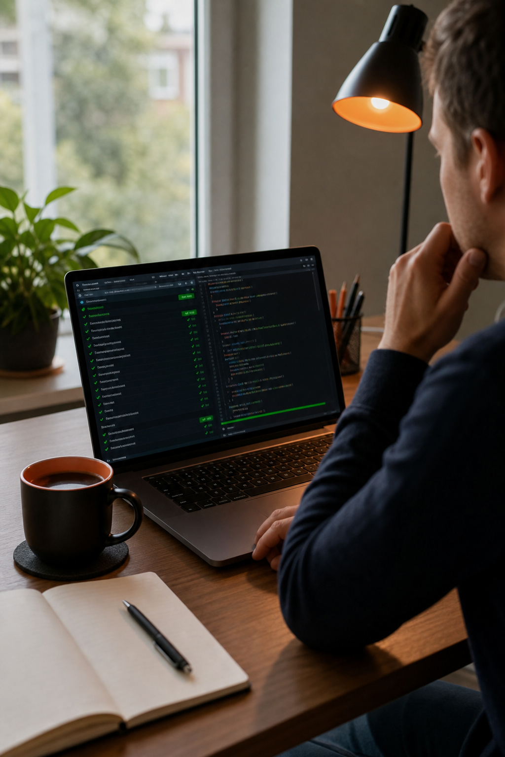 A developer's desk with a laptop showing green test results and a cup of coffee, symbolizing the safety net of automated tests. Alt: Developer reviewing successful test results before refactoring legacy code.