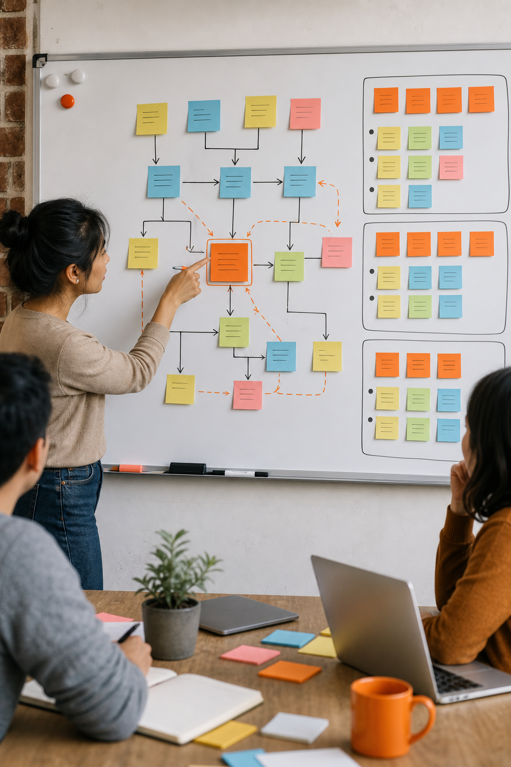 A whiteboard with sticky notes mapping out a refactoring plan, showing dependency flows and sprint goals. Alt: Team planning a legacy code refactoring project with a visual dependency map.