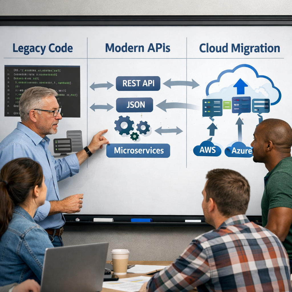 A realistic illustration of a team gathered around a digital whiteboard showing legacy code, modern APIs, and cloud icons, representing collaborative training for legacy system modernization. Alt: legacy system modernization training visual