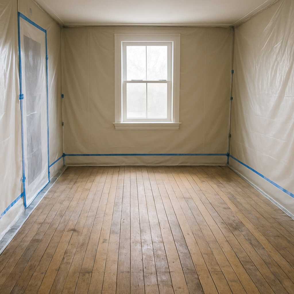 Une pièce vide avec un vieux plancher en bois prêt à être sablé, protégée avec des bâches et préparée pour le ponçage sans poussière. Alt: préparation minutieuse d’une pièce avant sablage de plancher sans poussière