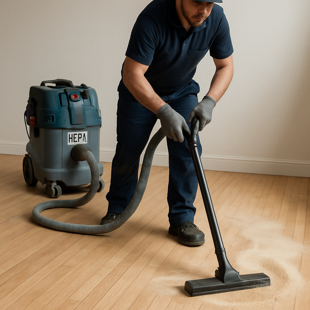 Un professionnel du nettoyage utilisant un aspirateur équipé d'un filtre HEPA sur un plancher fraîchement sablé, illustrant le processus de gestion des poussières après sablage. Alt: Nettoyage efficace de poussière après sablage de plancher en bois