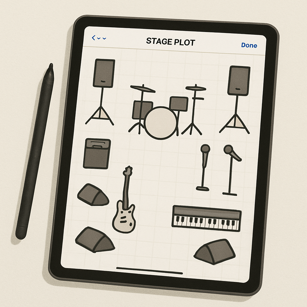 Illustration style minimaliste montrant une tablette avec un plan de scène clair et multiple accessoires positionnés. Alt: Capture d'écran d’un free stage plot maker avec interface intuitive et accessoires standards.