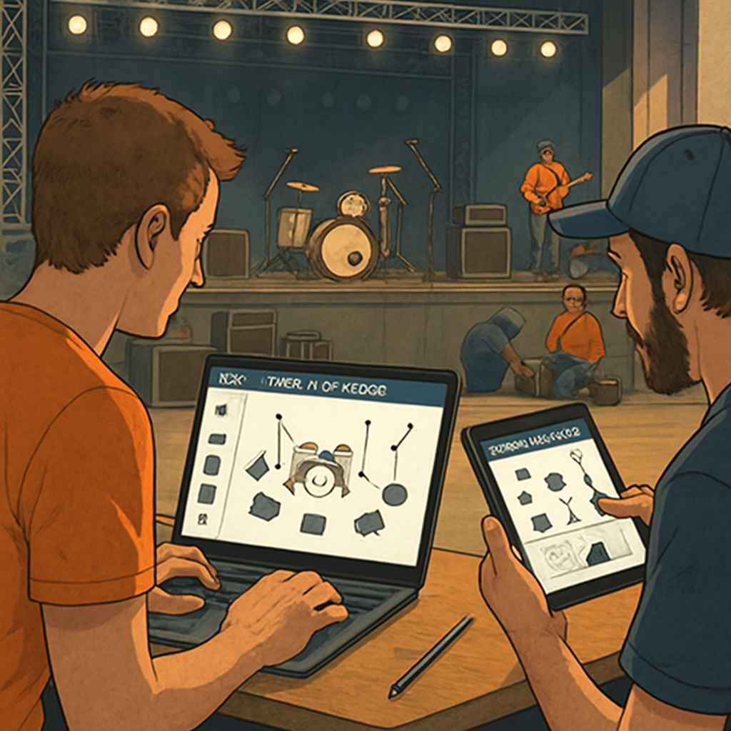 Illustration colorée d’une scène de concert en cours de préparation avec des techniciens utilisant un logiciel de free stage plot maker sur ordinateur et tablette. Alt: Interface de free stage plot maker utilisée pour planifier une scène en direct.