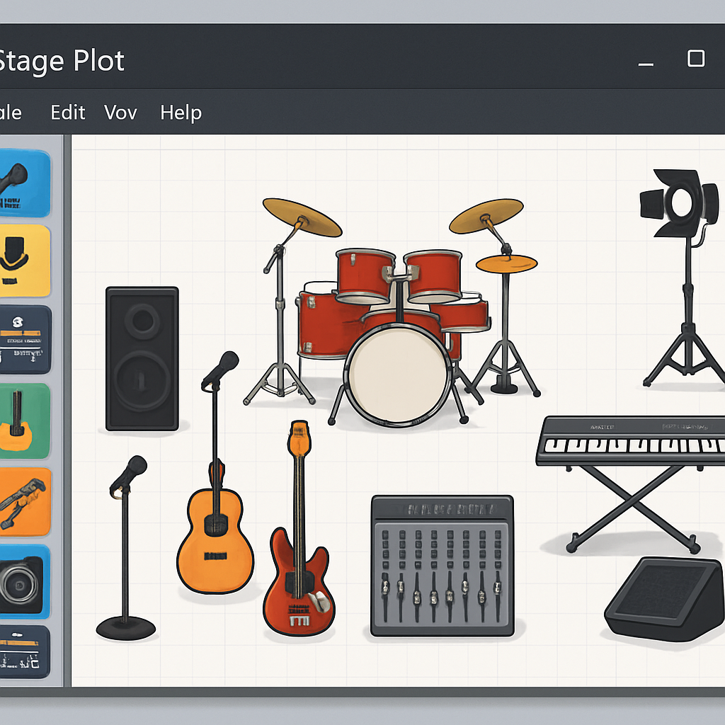Illustration showing a clear, colorful stage plot software interface with icons representing instruments and technical equipment on a concert stage. Alt: Exemple de représentation visuelle claire et interactive d'un logiciel de stage plot facilitant la préparation technique pour musiciens et techniciens.