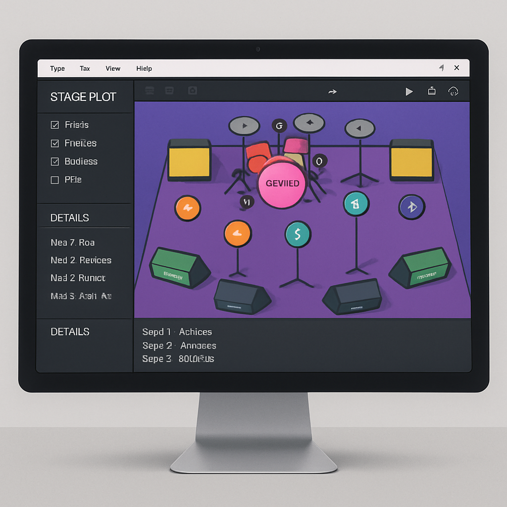 Illustration d’un écran d’ordinateur affichant un logiciel de stage plot moderne avec un plan de scène coloré et des annotations techniques. Alt: Exemple d’interface d’un stage plot software interactif avec plan de scène et détails techniques