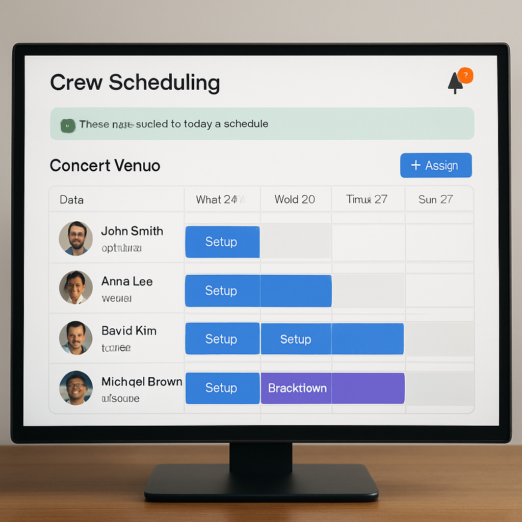 Un écran d’ordinateur affichant une interface de planification de groupe en temps réel, avec notifications et profils des techniciens. Alt: Interface moderne d’une crew scheduling app facilitant la planification des équipes techniques dans un lieu de concert.