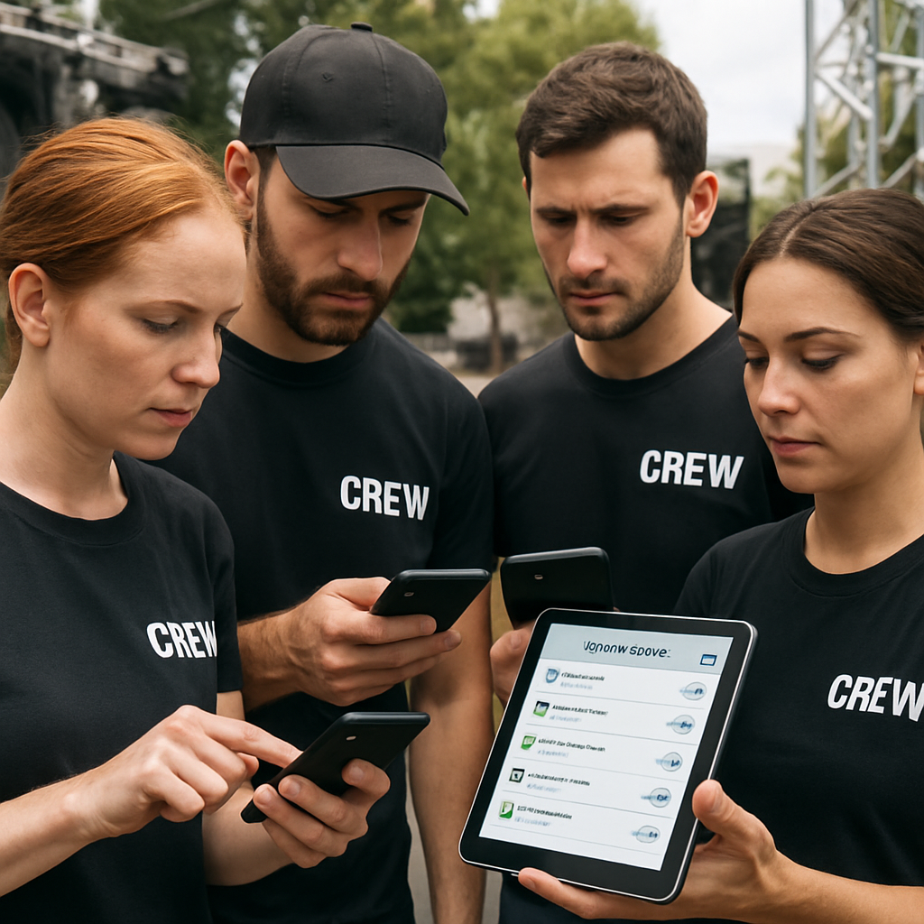 Illustration montrant une équipe de techniciens d’événement consultante leur planning sur différents appareils mobiles, en situation de mobilité. Alt: Travail d’équipe flexible grâce à une crew scheduling app accessible en mobilité.