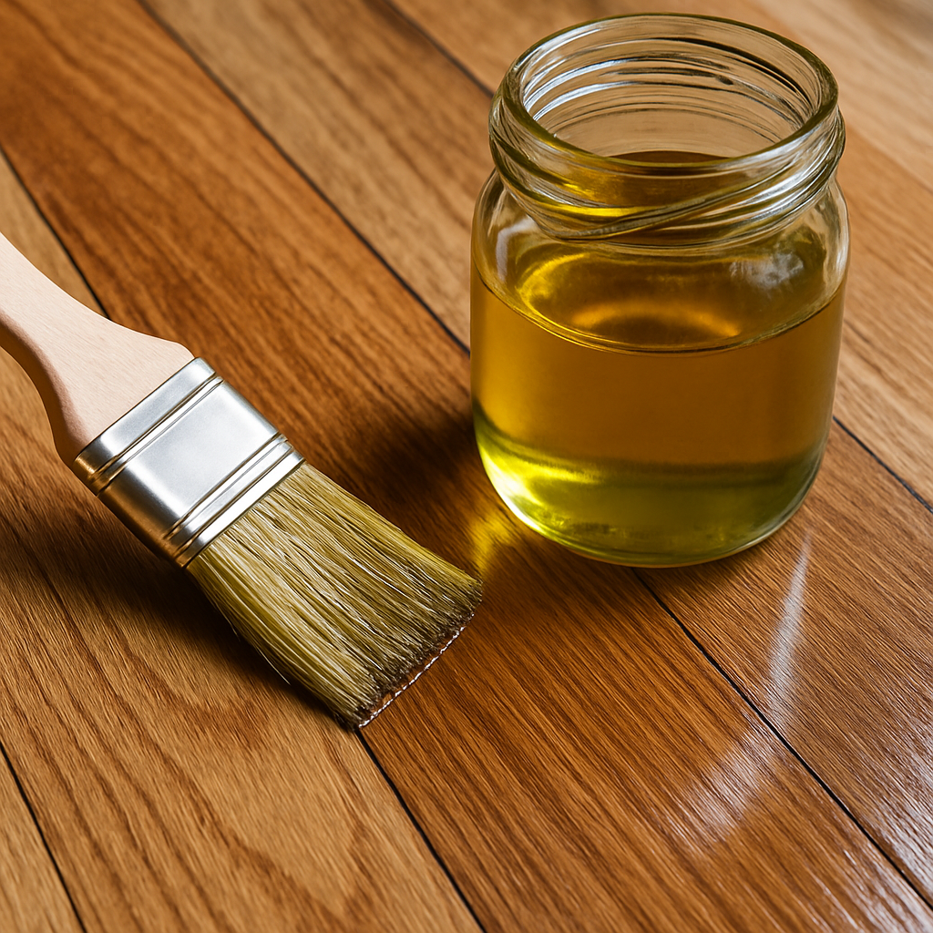 Huile de chanvre appliquée sur un plancher en bois franc, montrant la texture naturelle et la finition satinée. Alt: huile de chanvre pour plancher de bois franc finition écologique et naturelle