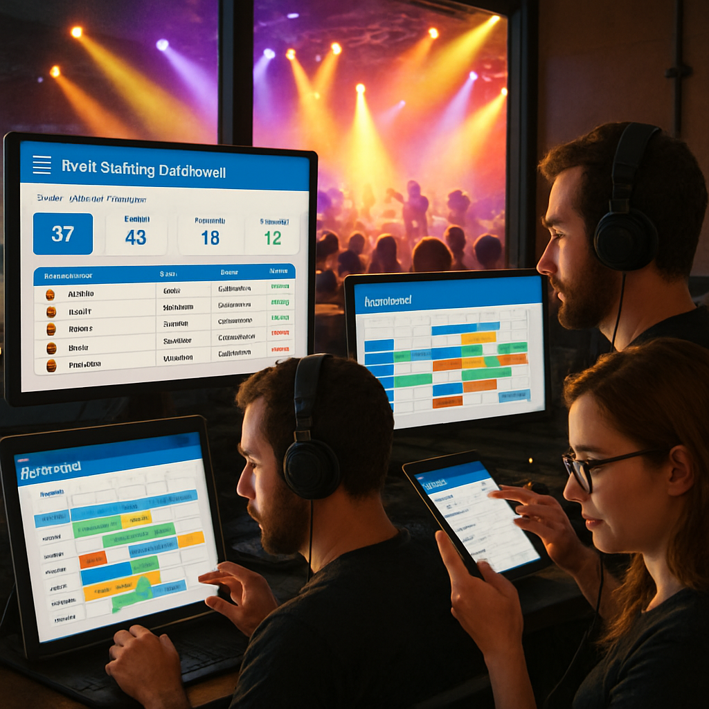 A vibrant scene of a concert venue control room with screens showing a digital staffing dashboard, technicians checking tablets, and a clear visual of a centralized schedule. Alt: event staffing software dashboard improving concert venue coordination