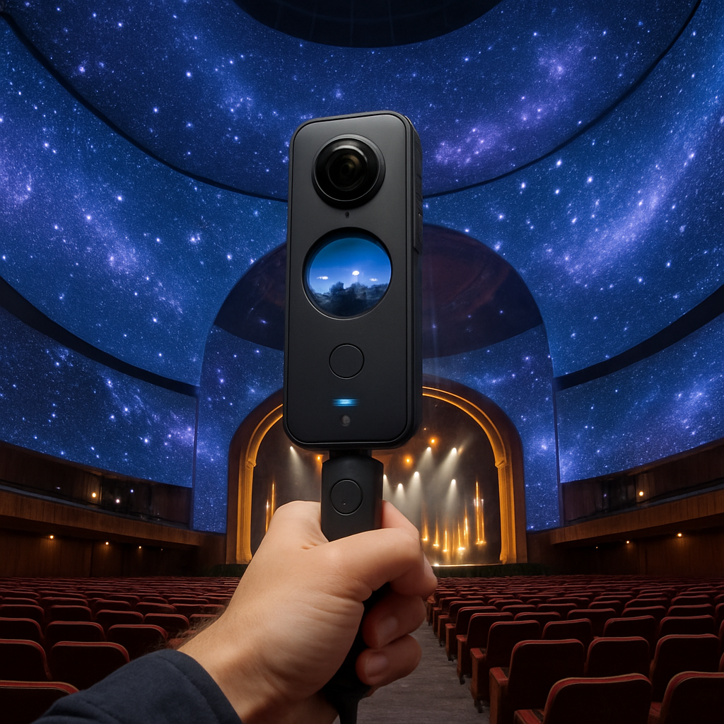 Une personne tenant une caméra Insta360 One X2 au bras, filmant une salle de concert immersive pour une visite virtuelle. Alt: Meilleure caméra 360 pour visites virtuelles dans une salle de spectacle.