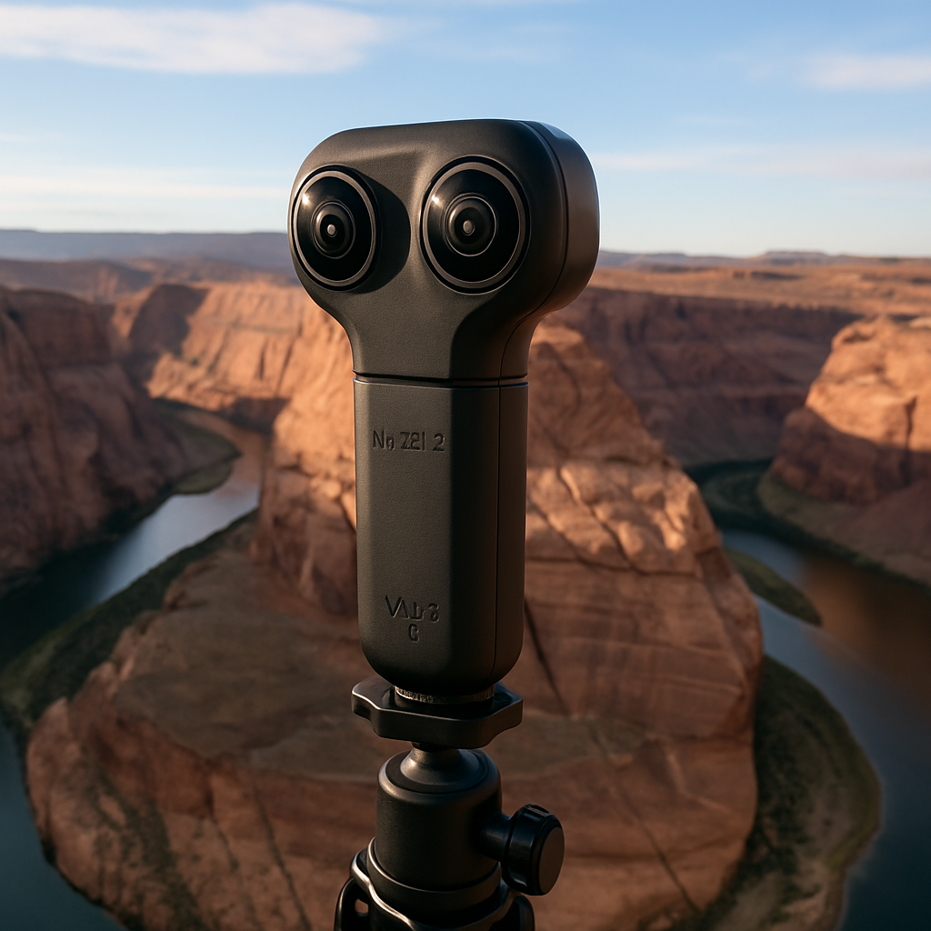 Caméra Vuze XR posée sur un trépied dans un lieu scénique, capturant un espace immersif en 360 degrés et 3D. Alt: Meilleure caméra 360 pour visites virtuelles Vuze XR en action.