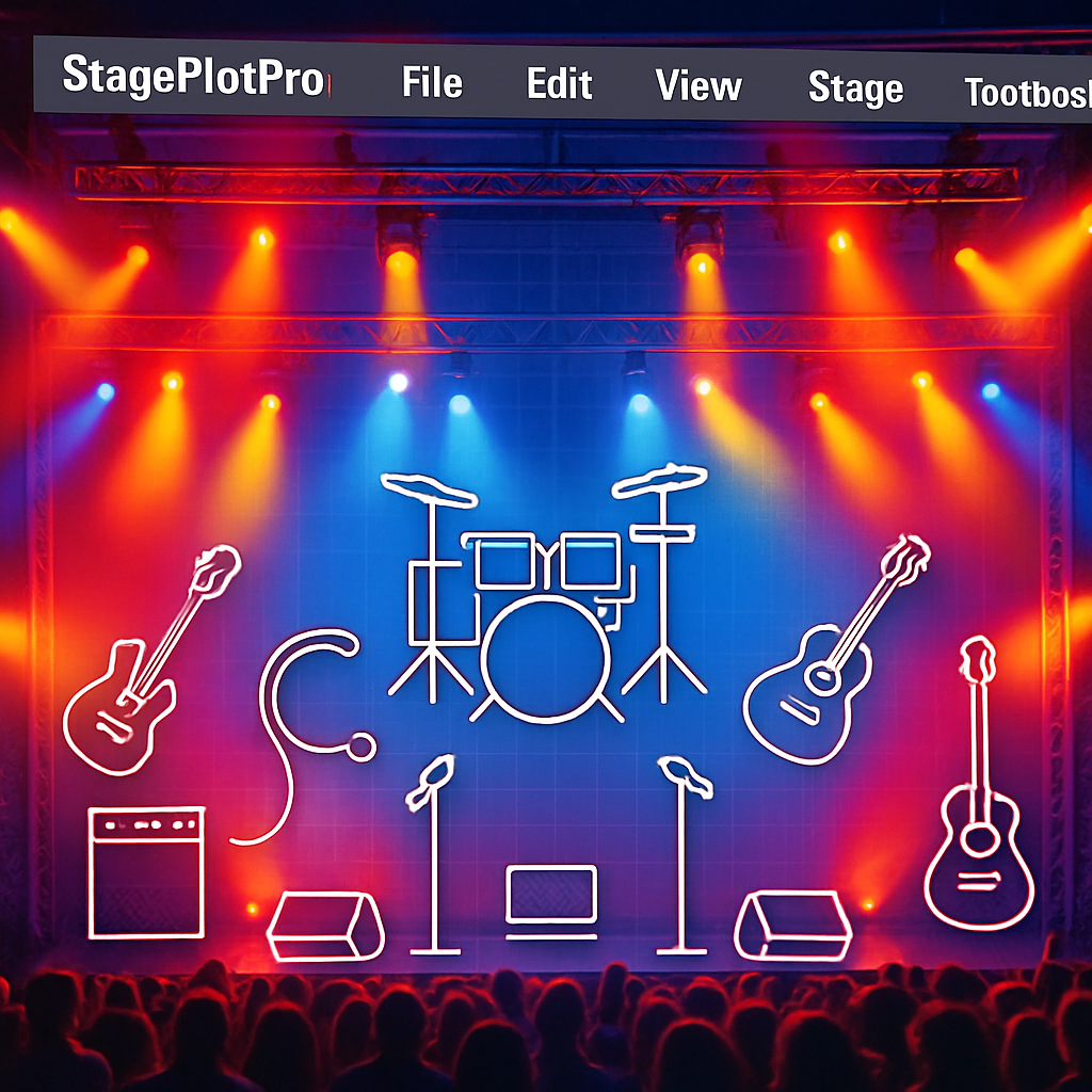 LES MEILLEURS CRÉATEURS DE STAGE PLOT GRATUITS : GUIDE COMPLET 1 A vibrant concert stage with digital icons representing instruments, cables and lighting rigs, showing a StagePlotPro interface overlay. Alt: stage plot creator free visual guide for concerts