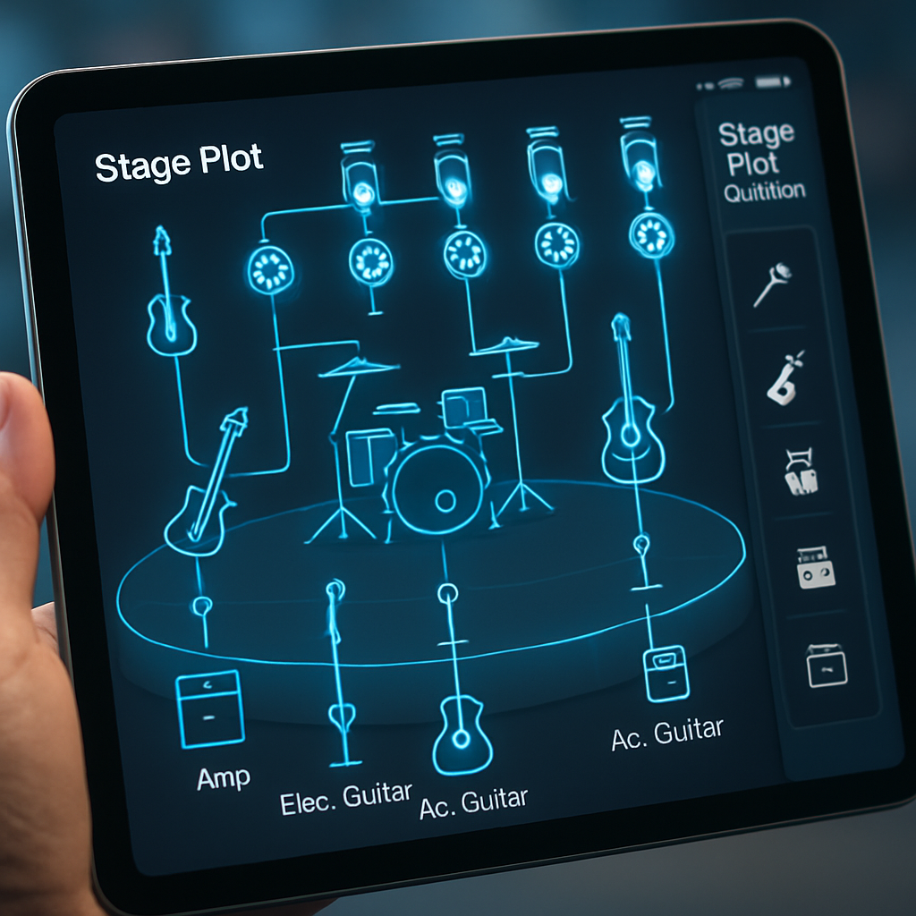 LES MEILLEURS CRÉATEURS DE STAGE PLOT GRATUITS : GUIDE COMPLET 2 A futuristic stage plan on a tablet showing both instrument icons and lighting fixtures seamlessly linked, Alt: LightMap integration with stage plot creator free for concert lighting design