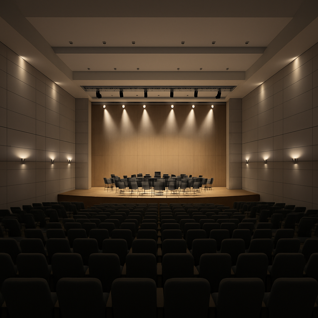 Représentation graphique d’une salle de concert avec simulation d’éclairage photoréaliste réalisée sous DIALux Evo. Alt: Simulation d’éclairage dans une salle de concert utilisant un logiciel de lighting design software free.