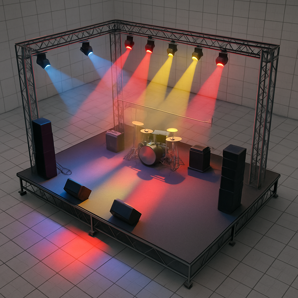 Illustration d'un plan de scène en 3D avec simulation d’éclairage coloré via Sweet Home 3D. Alt: Modélisation 3D d’une scène de concert avec éclairage simulé pour design d’éclairage.