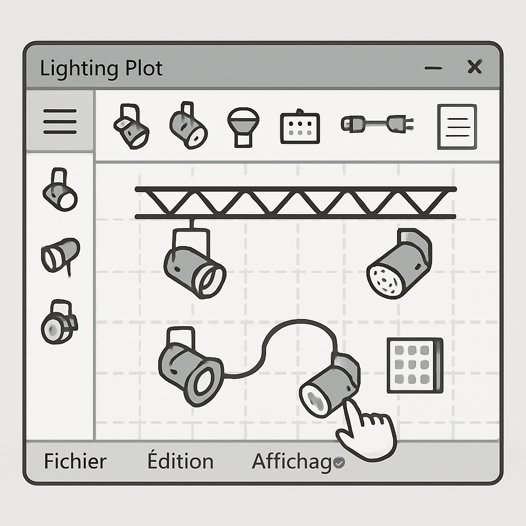 Illustration d’une interface utilisateur simplifiée de lighting plot software avec des icônes claires de projecteurs, câbles, et plans en cours de modification. Alt: Interface intuitive d’un logiciel de lighting plot favorisant l’usage facile pour débutants et professionnels.
