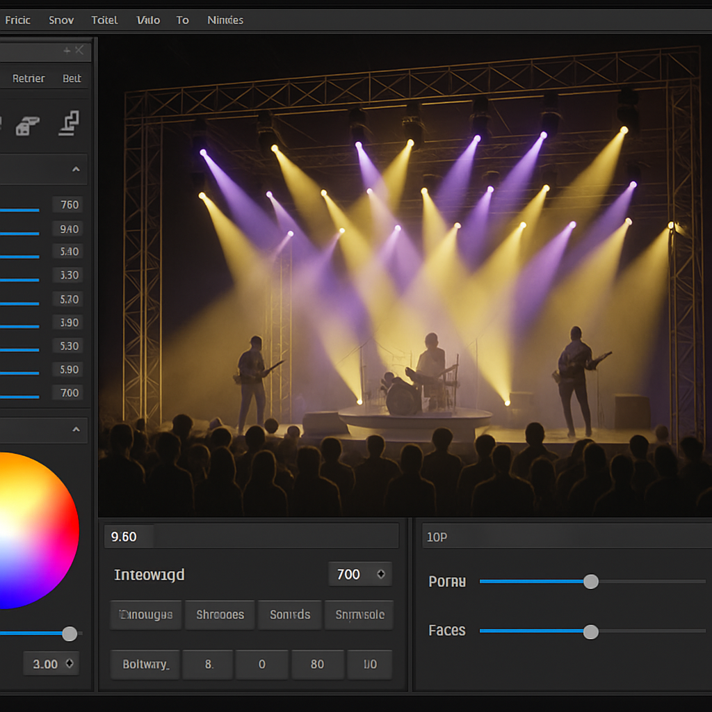 Illustration d'une scène de concert avec visualisation 3D interactive et réglage intuitif des lumières en temps réel. Alt: Interface d'un lighting plot software WYSIWYG montrant une scène de concert en 3D avec projecteurs et réglages lumineux intuitifs.