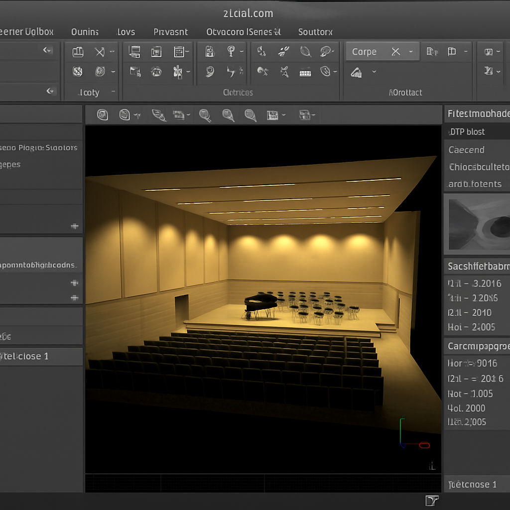 Image d’écran détaillé de Dialux Evo montrant une modélisation 3D d’une salle de concert avec éclairage simulé. Alt: Capture d’écran d’un lighting design software mettant en évidence Dialux Evo en contexte professionnel.