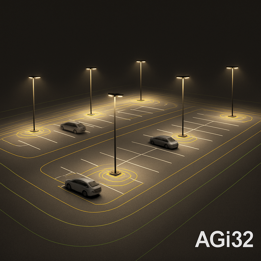 Illustration réaliste d’une simulation 3D de parking éclairé avec AGi32, montrant la distribution des luminaires et des lignes d’isoluminance. Alt: Simulation lumineuse avancée avec AGi32, logiciel de conception d’éclairage.