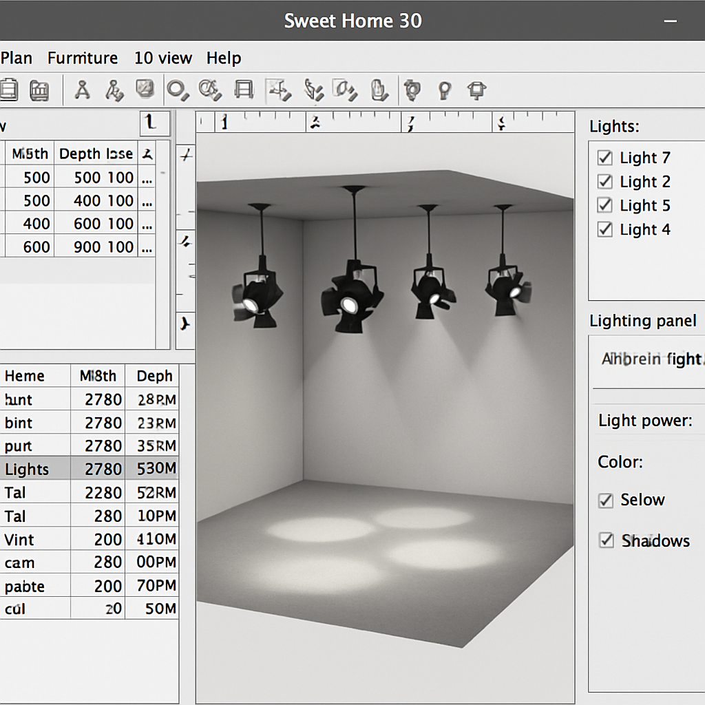 Interface utilisateur de Sweet Home 3D montrant un plan lumière 3D avec projecteurs et réglages d'éclairage. Alt: Capture d'écran du logiciel Sweet Home 3D pour la conception de plans lumière de scène