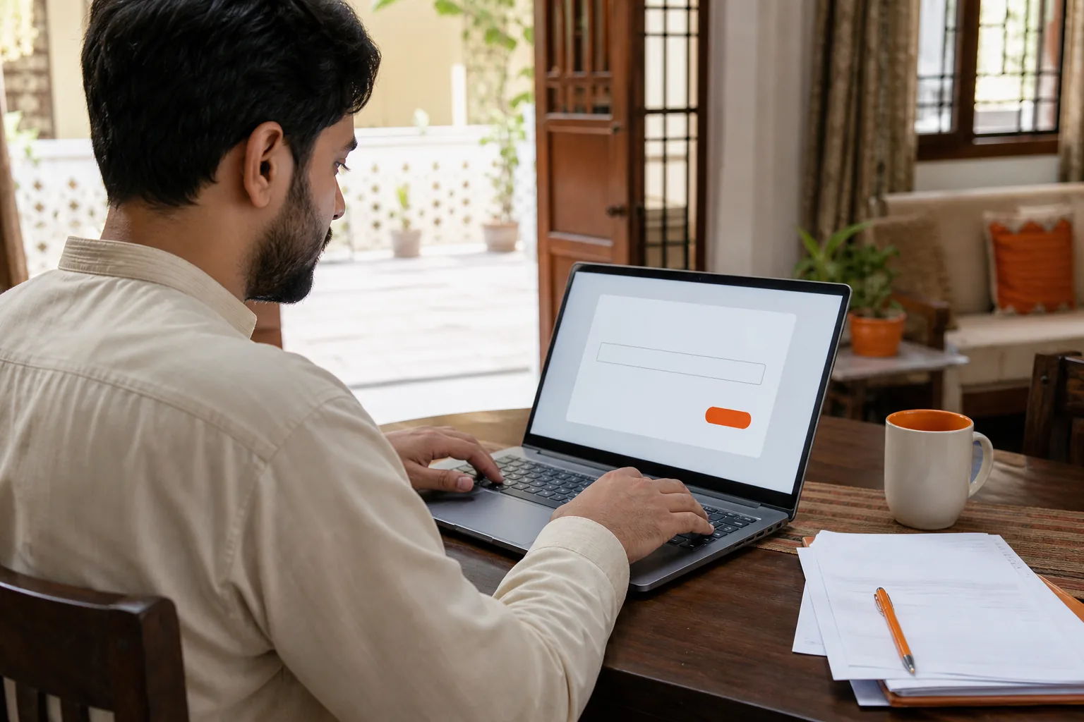 Pakistani household member entering LESCO bill details on a laptop at home.