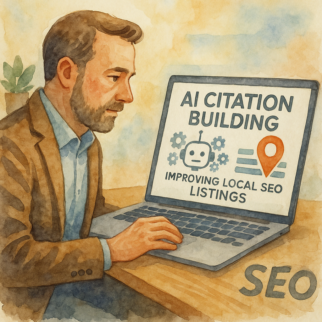 Business owner using AI tools on a laptop for citation building. Alt: AI citation building for search engine optimization improving local SEO listings.