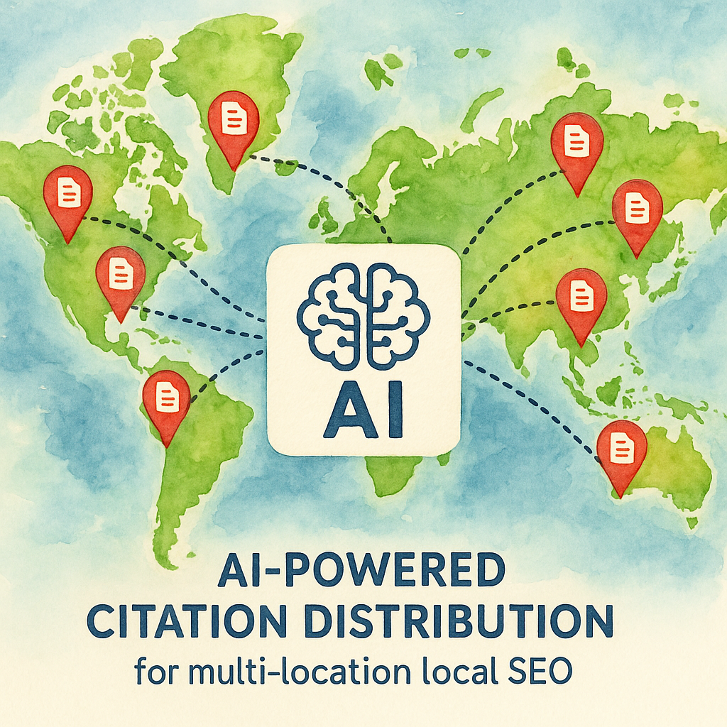 Map graphic showing AI powered citation distribution across multiple locations. Alt: AI citation building for search engine optimization enables multi-location local SEO.