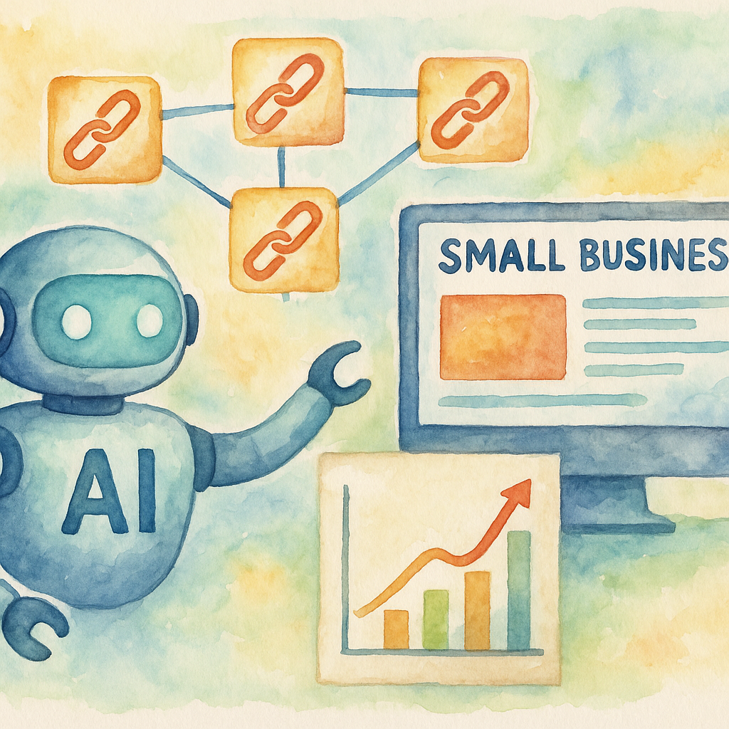 Illustration of AI analyzing backlink opportunities for a small business website, with graphs showing traffic growth. Alt: AI powered backlink network for small businesses boosting SEO rankings.