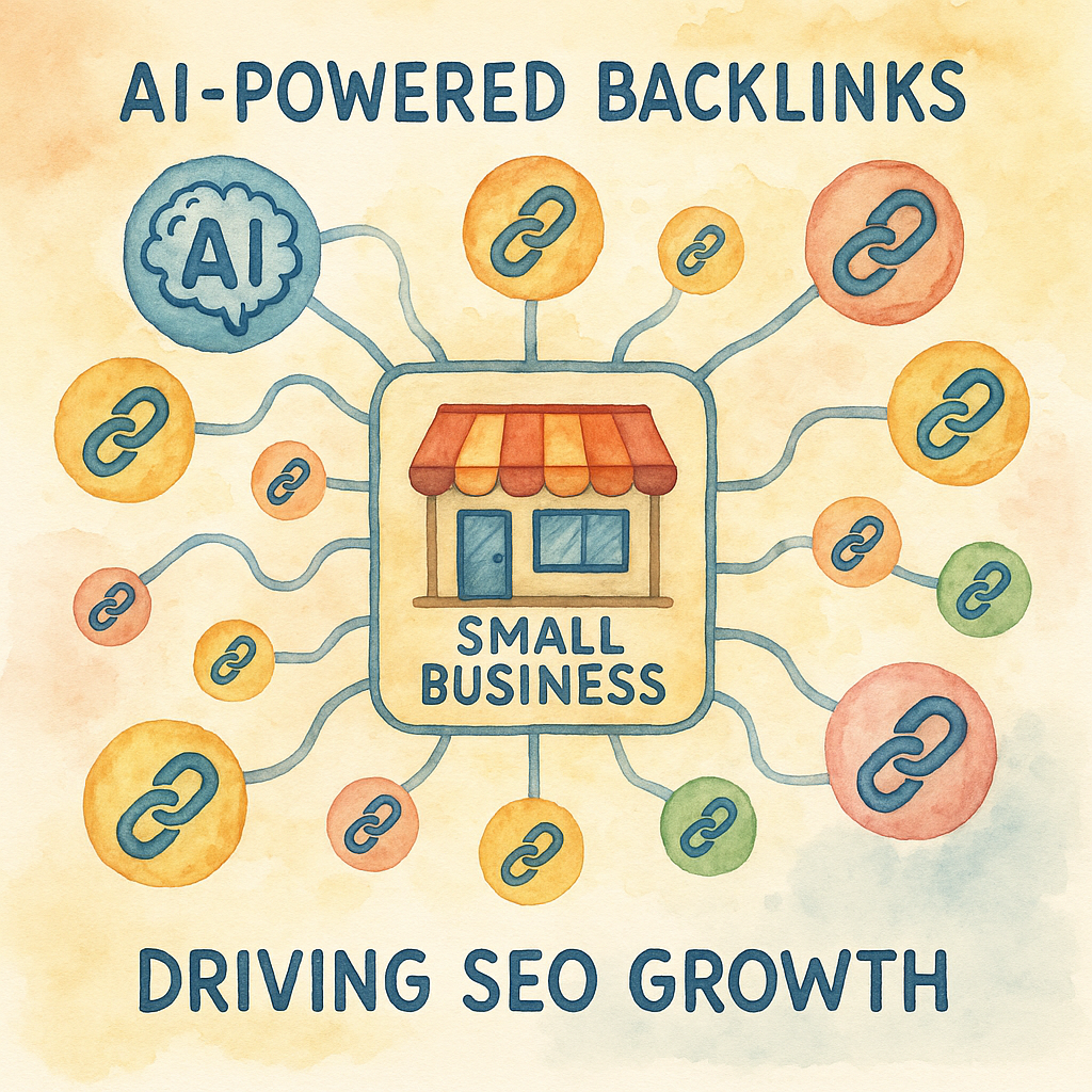 Visual showing network of AI-powered backlinks linking to a small business website, emphasizing automated growth and SEO success. Alt: AI powered backlink network for small businesses driving organic SEO growth.