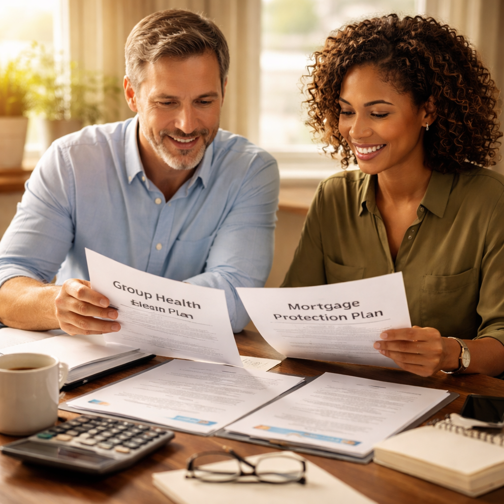 A photorealistic scene of two small-business partners reviewing a group health plan and a mortgage-protection plan at a desk, with documents, a calculator, and a coffee mug, morning light. Alt: small business partners planning health and mortgage protection.