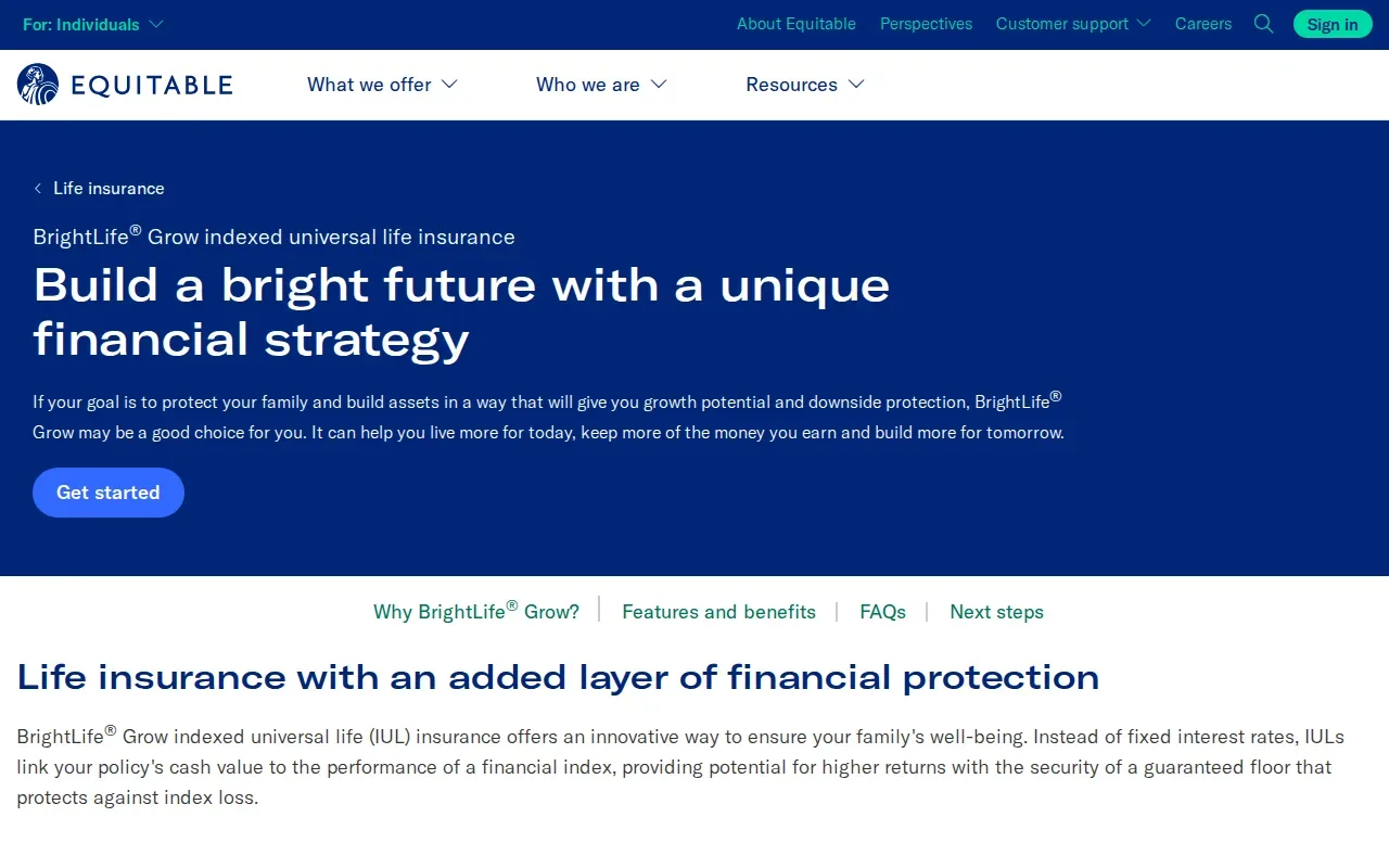 Screenshot of the BrightLife Grow by Equitable website