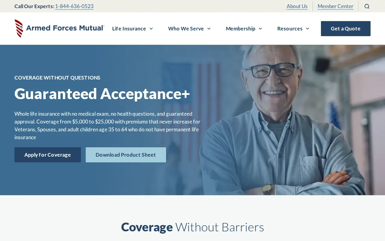 Screenshot of the Guaranteed Acceptance+ Whole Life by AAFMAA website