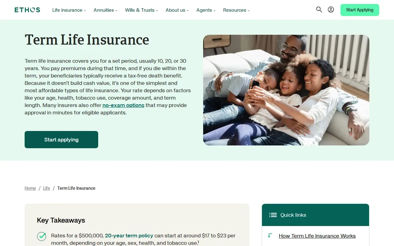Screenshot of the Term Life Insurance by Ethos website