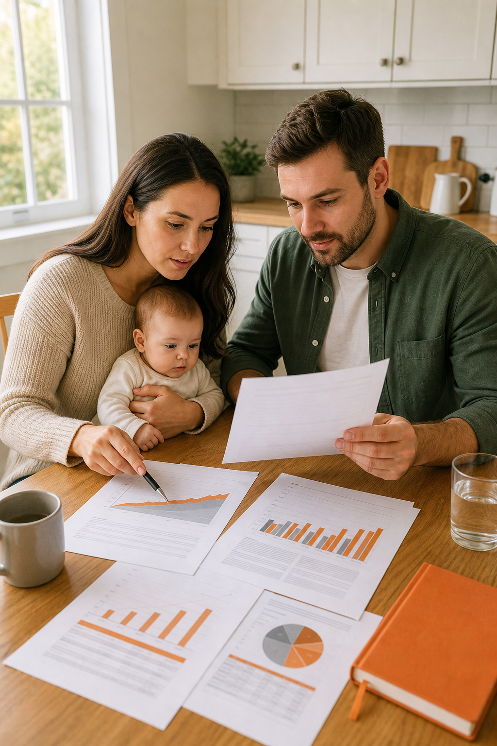 A realistic illustration of a family reviewing life‑insurance policy documents on a kitchen table, with charts showing premium vs. cash‑value growth. Alt: newborn life insurance policy comparison chart