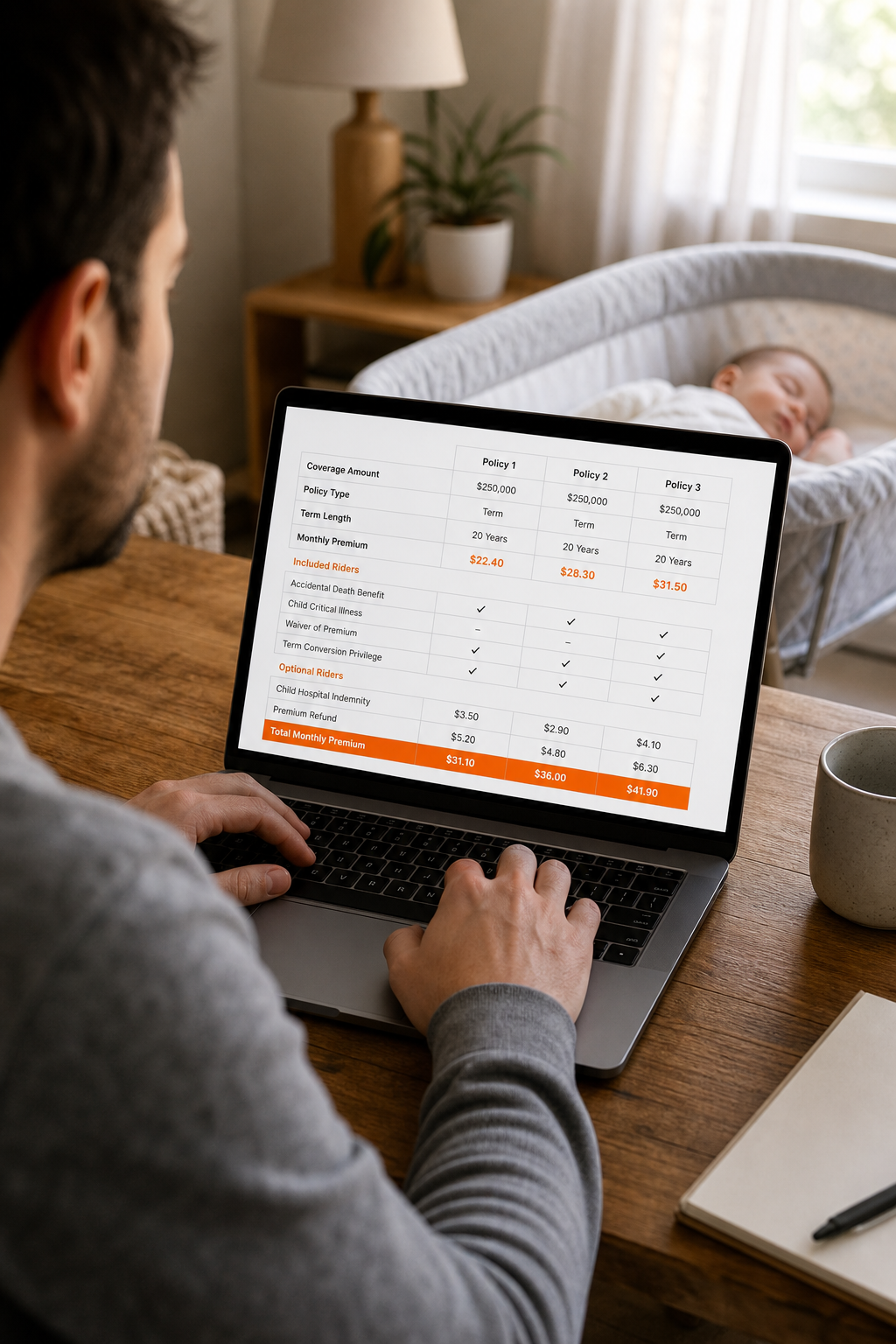 A realistic scene of a parent using a laptop to compare life‑insurance quotes on a screen, with policy tables and highlighted rider costs. Alt: newborn life insurance provider comparison chart