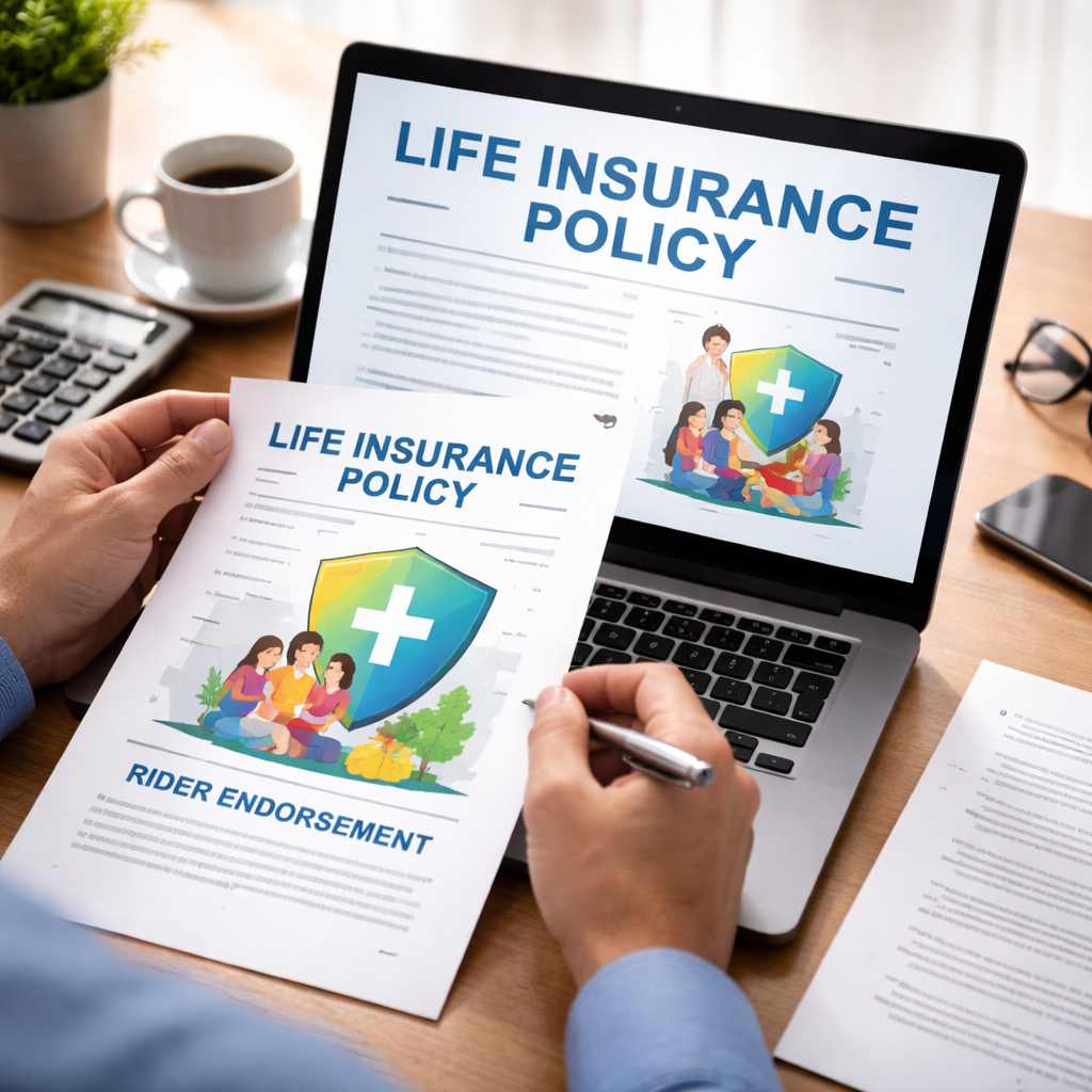 A realistic scene of a person on a laptop reviewing a life insurance policy document with a rider endorsement. Alt: adding a life insurance rider illustration
