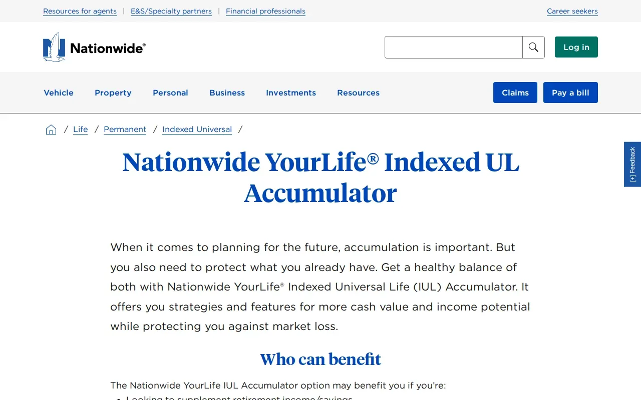 Screenshot of the YourLife Indexed UL Accumulator by Nationwide website