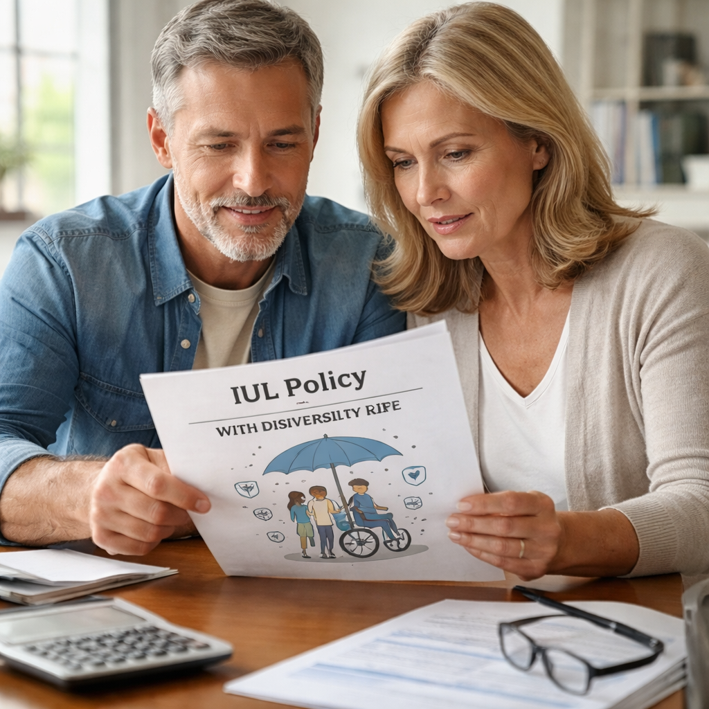 A photorealistic scene of a middle‑aged couple reviewing an IUL policy document with a disability rider illustration on the table, natural lighting, realistic office setting, Alt: life insurance with disability rider illustration for families and retirees.