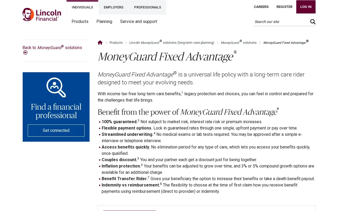 Screenshot of the MoneyGuard Fixed Advantage by Lincoln Financial website