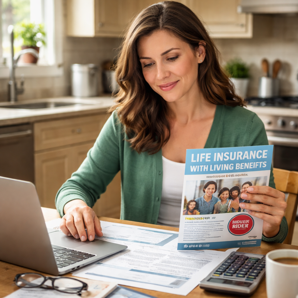 A photorealistic scene of a teacher sitting at a kitchen table with a laptop, a mortgage statement, and a life‑insurance brochure that highlights a living‑benefit rider. Alt: life insurance with living benefits for teachers