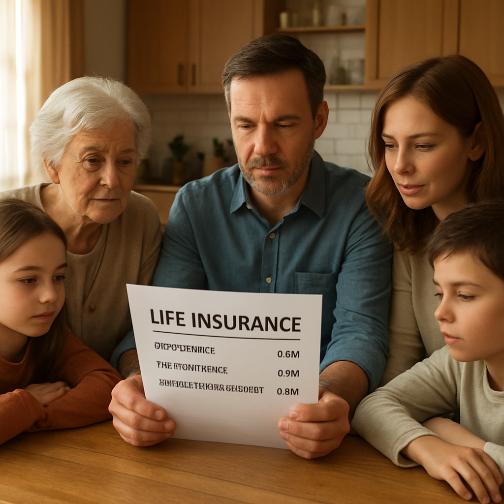 A photorealistic scene of a family gathered around a kitchen table, reviewing a life insurance statement that highlights the base premium, rider surcharge, and optional living‑benefit features. Warm natural lighting, realistic textures, showing a senior parent, a middle‑aged couple, and two kids, emphasizing financial planning for long‑term care cost. Alt: 